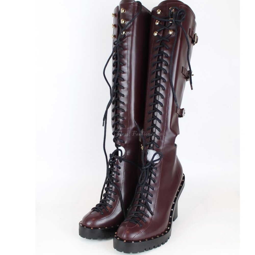 New Valentino Garavani RUNWAY Soul Rockstud Cutout Boots, BURGUNDY, EU 37